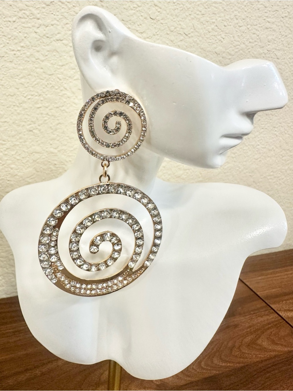 Fashion Jewelry Gold Spiral Drop Earrings with Clear Crystals - Women Jewelry